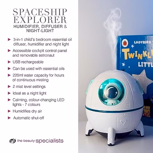 Rio Spaceship Explorer Childrens Essential Oil Diffuser, Humidifier and Night Light in White and Multicolour – 3
