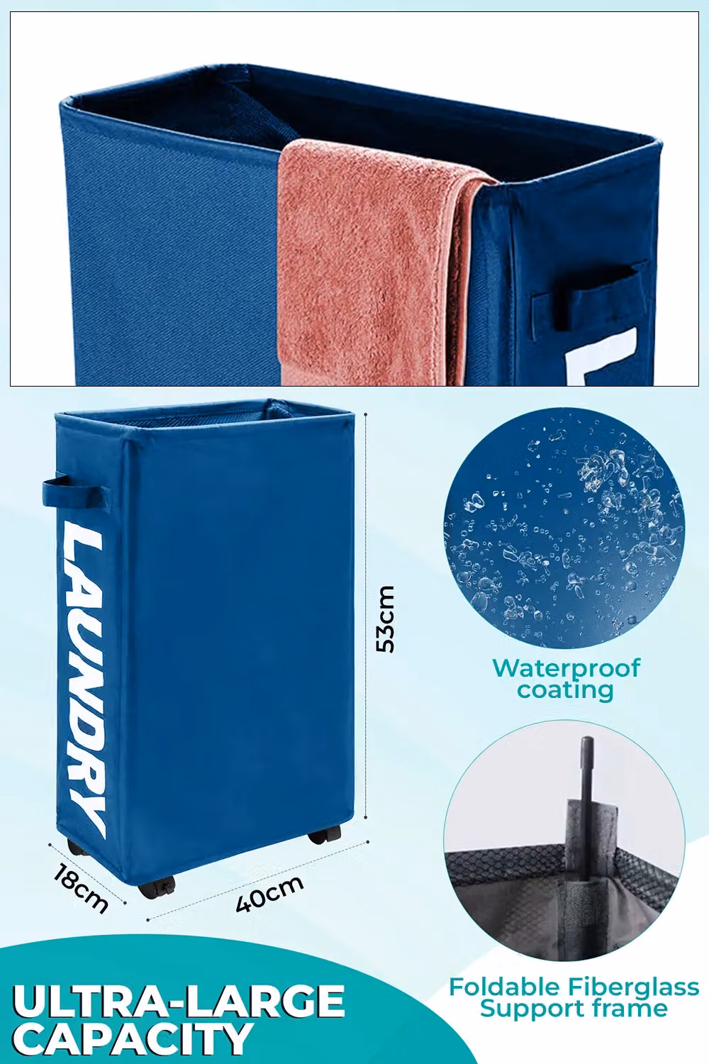 Neel Blue Collapsible Rolling Laundry Basket with Wheels, 38L, Navy, W: 40 cm, D: 18 cm, H: 53 cm – 2