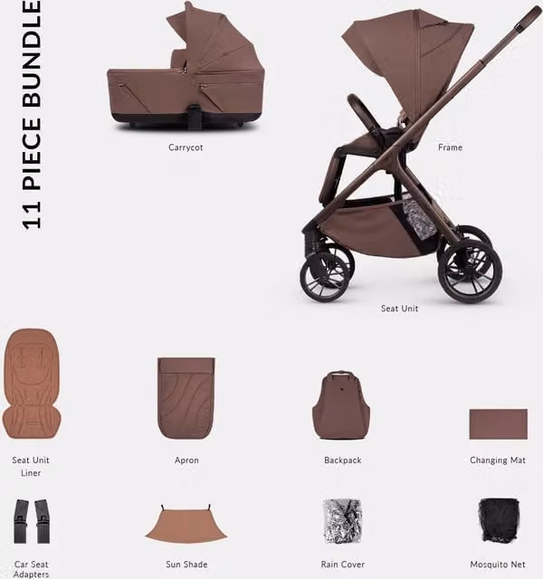 Venicci Tila 2in1 Essential Pushchair Bundle, 11 Pieces, Noce Brown