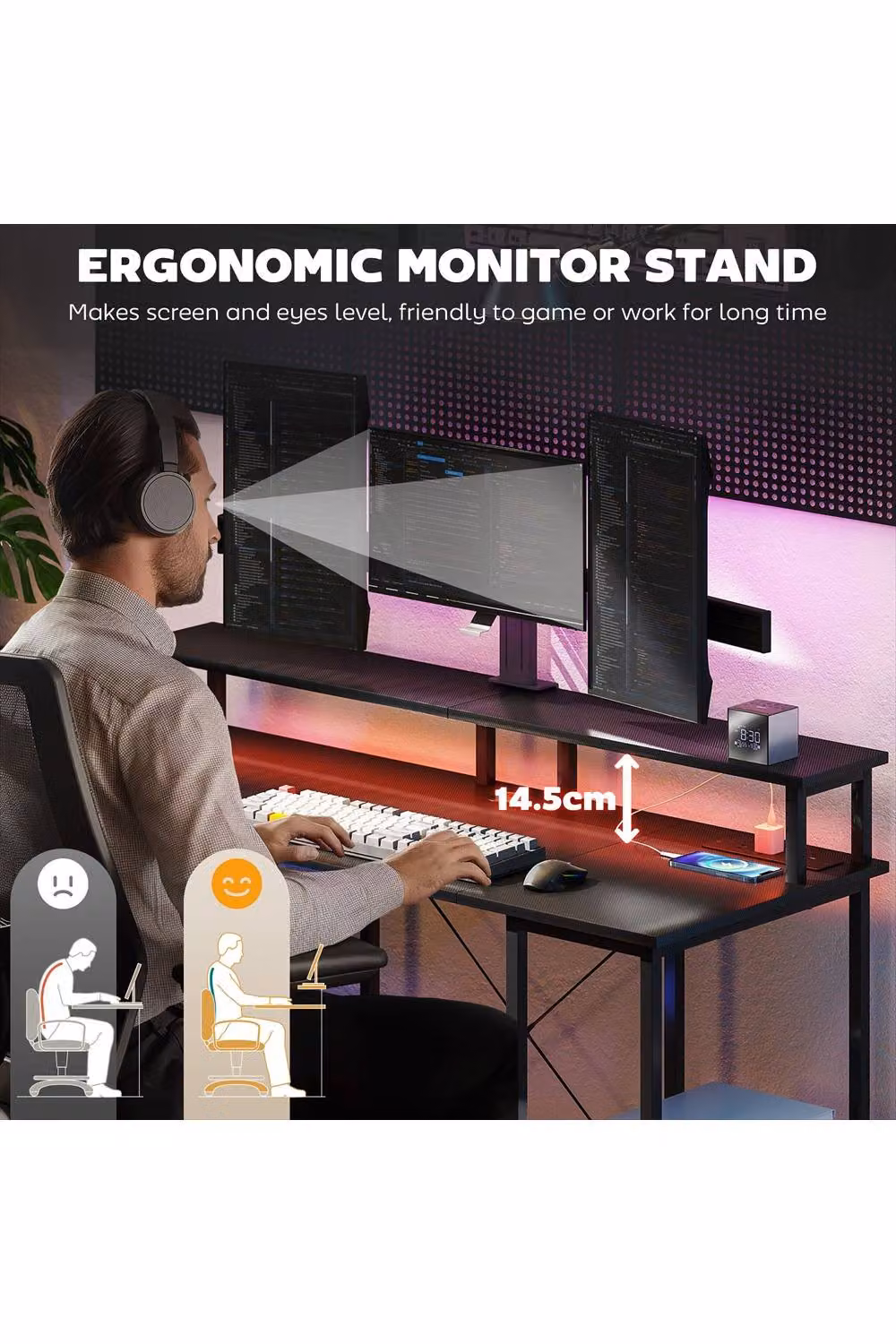 ERGOVEXA Modern LED Computer Desk with Power Outlets and Shelves, Grey and Black – 3