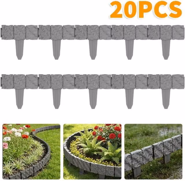 FLAVORA 20-Piece Cobbled Stone Effect Garden Lawn in Grey, W: 100 cm, D: 15 cm