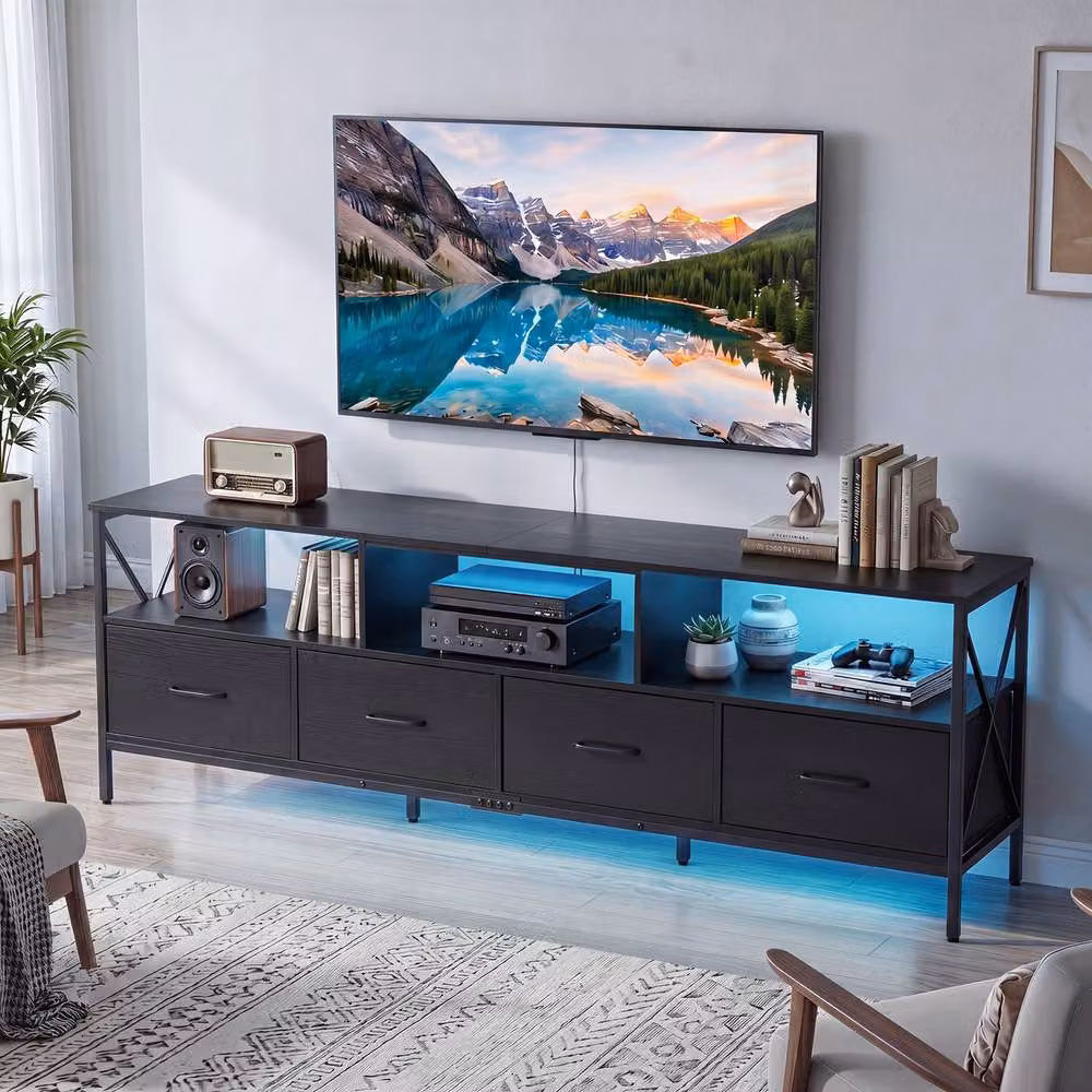 Gymax LED Entertainment Center for TVs up to 80 inch, Extra Long Industrial TV Unit with 4 Drawers, Black – 8