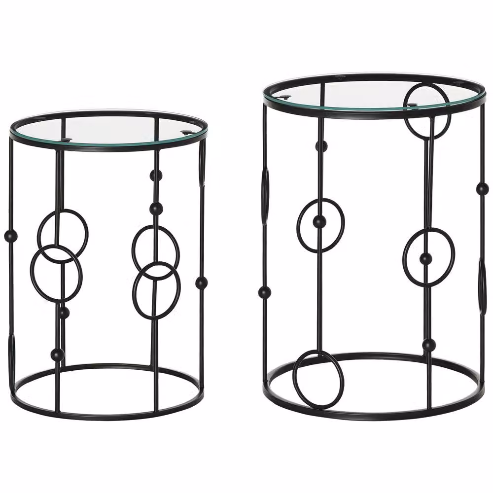HOMCOM Set of 2 Modern Round Nesting Coffee Tables with Black Glass Tops – 2