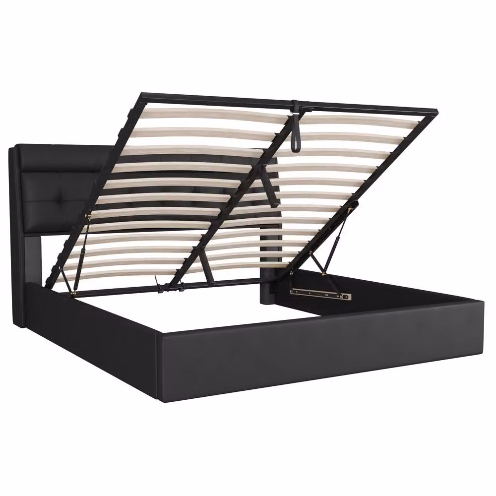 BTM Black Upholstered Double Hydraulic Bed with Headboard Storage, W/D/H: 135 x 190 x 48.1 cm – 5