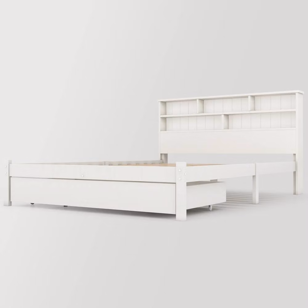 ModernLuxe White Wooden Bed Frame with Storage Headboard and Drawers, Size: 140 x 200 cm – 3