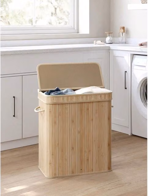 SONGMICS Bamboo 100L Laundry Hamper with Lid and Removable Bag, Yellow, H: 61.0 cm x W: 34.5 cm x D: 54.5 cm