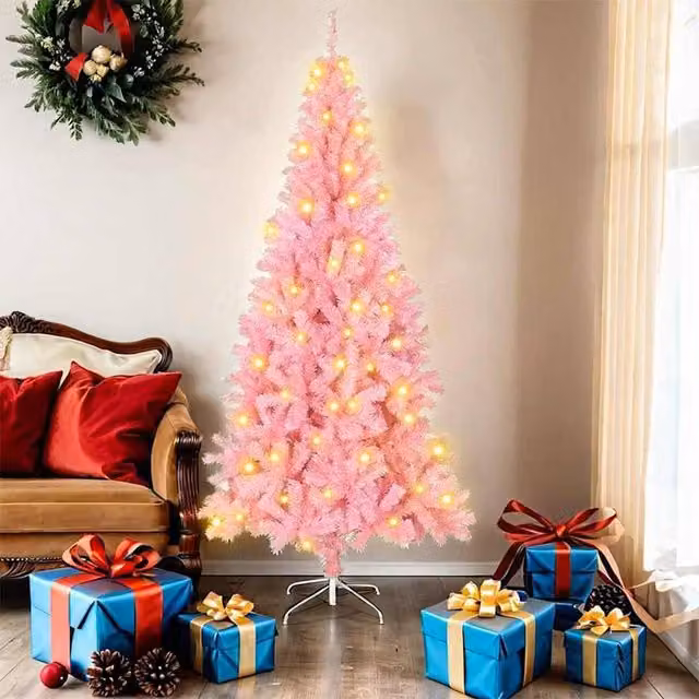 Berkfield Home Pink PVC Christmas Tree with 300 LEDs and Stand, Height: 180 cm – 1