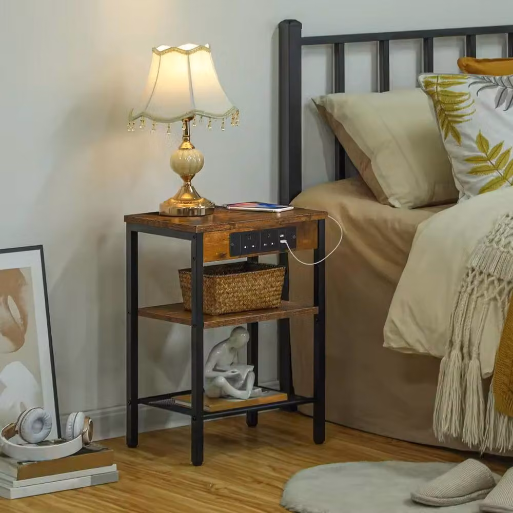 Ventryn 3 Tier Industrial Side Table with Adjustable Shelves and Charging Station in Rustic Brown and Black – 4