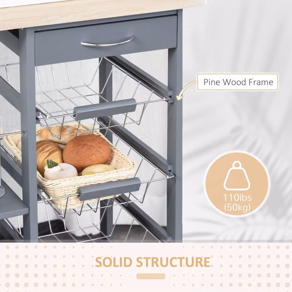 Wyld Haus Nerake Grey Rolling Kitchen Cart with 4 Metal Basket Drawers and Side Racks, H 83 cm x W 47 cm x D 37 cm – 6