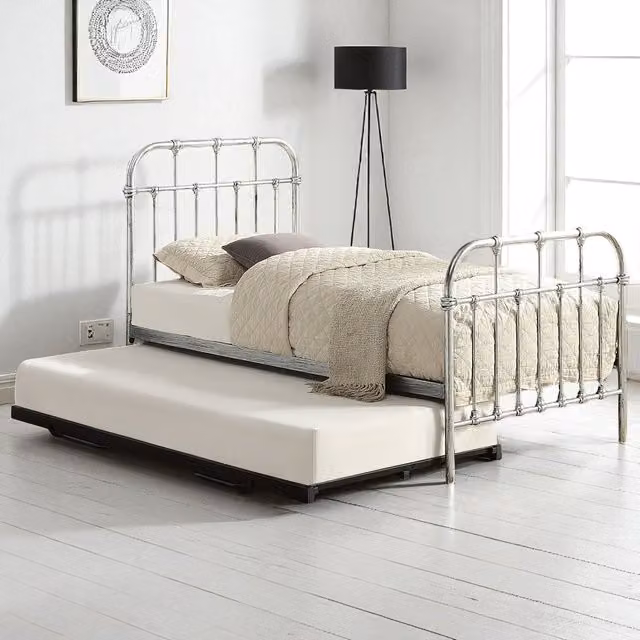 OAT Home Camden Metal Bed Frame with Guest Trundle in Silver and Black Distressed Steel Effect