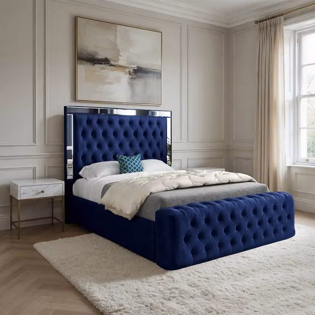 Casani Zennor Mirror Upholstered Designer Bed Frame in Blue Velvet, W/D/H: 90 x 200 x 137 cm – 1