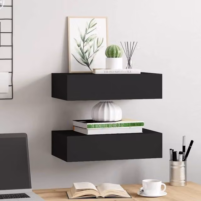 Berkfield Home Wall-mounted Drawer Shelves, 2 Piece Set in Black MDF, W: 40 cm, D: 23.5 cm, H: 10 cm