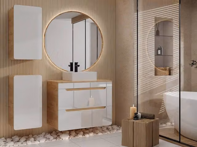 Vente-unique Modern Wall-Mounted Bathroom Furniture Set in Light Oak with Ceramic Countertop Basin, Tall Cabinet and Two Columns, W/D/H: 59 x 46 x 80 cm – 1