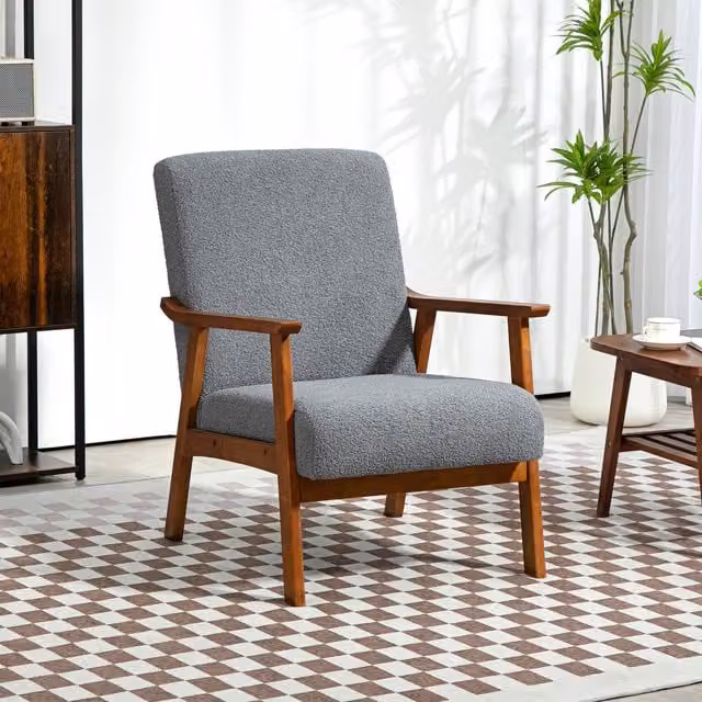 HOMCOM Grey Bouclé Mid-Century Tub Armchair with Solid Wood Frame