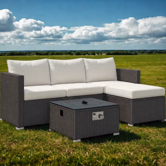Chilli Fiji Modern Rattan and Metal Fire Pit Set in Black