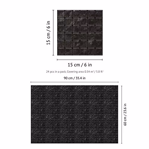 WALPLUS 24-Piece Dark Marble Mosaic Wall Tile Sticker Set in Black and Grey, Glossy Aluminium Film Peel and Stick Backsplash Decals for Kitchen and Bathroom, W/D/H: 15 x 15 x 0.54 cm – 5