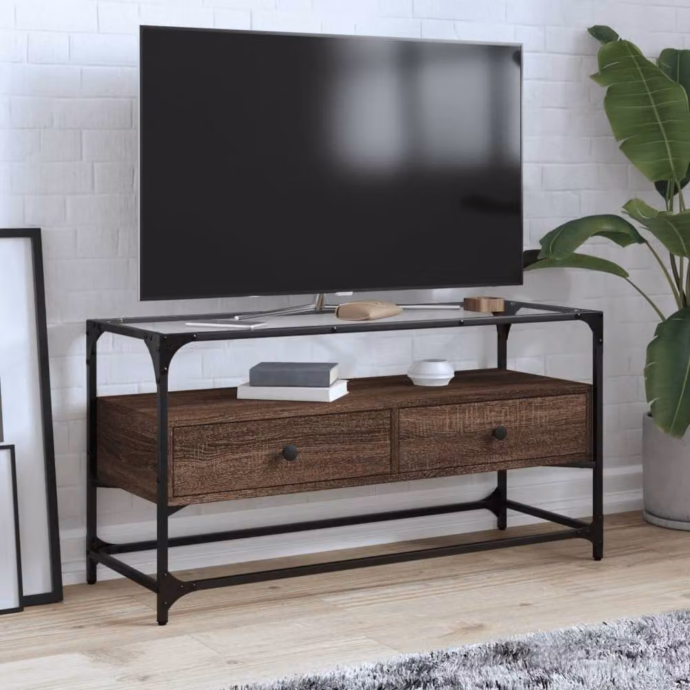 Berkfield Home Brown Oak TV Cabinet with Glass Top and MDF, W/D/H: 98 x 35 x 51 cm – 2