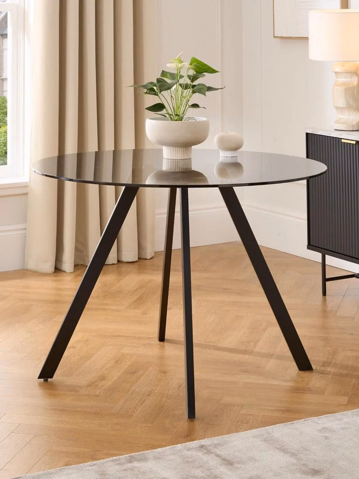 Very Home Marlow Round Smoked Glass Dining Table in Black, Diameter: 110 cm, Height: 76 cm