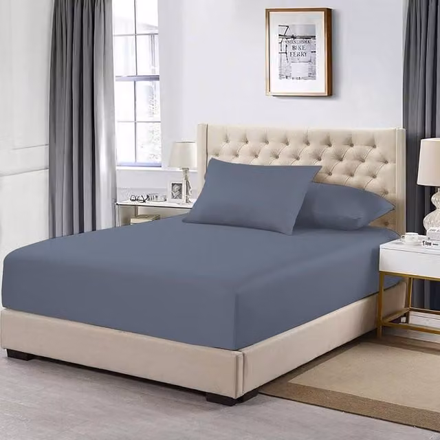 Homes-Linen 100% Egyptian Cotton 200TC Fitted Sheet, Grey, Double, W/D/H: 140 x 200 x 30 cm