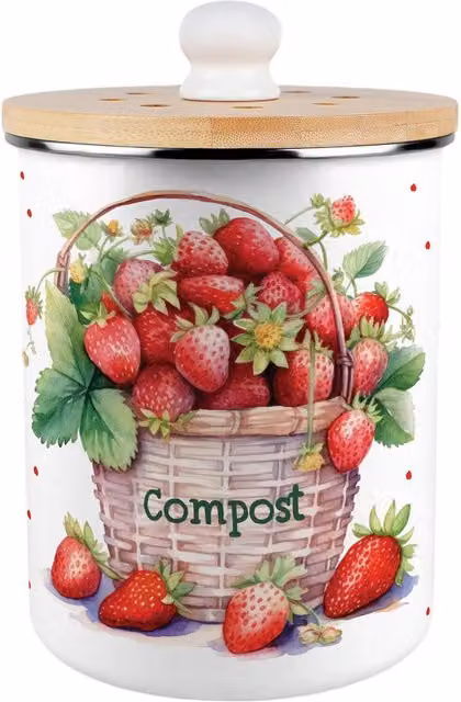 Purely Home Strawberry Basket Compost Caddy, 2L Metal and Enamel Kitchen Food Waste Bin with Bamboo Lid, Red and Multicolour