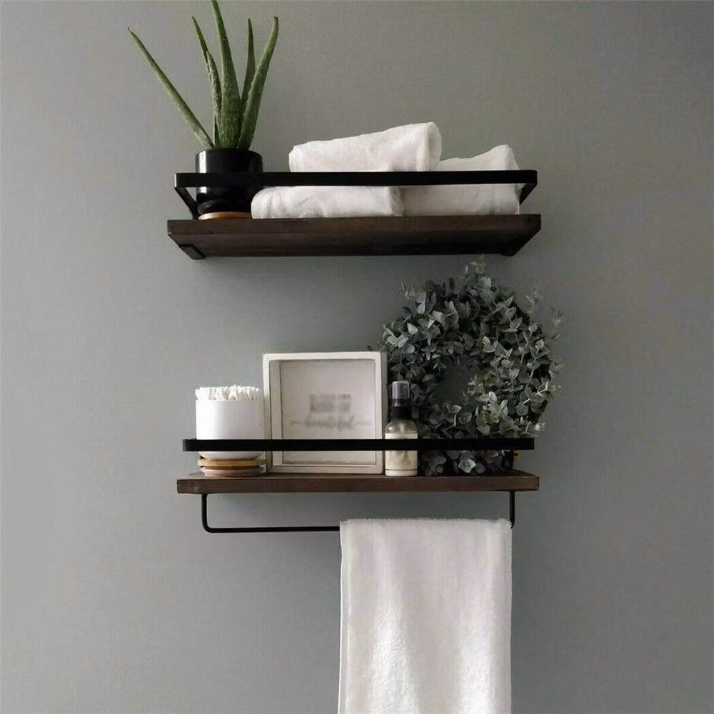 FORGEVIO Set of 2 Large Rustic Floating Wall Shelves in Black and Brown Pine Wood – 5