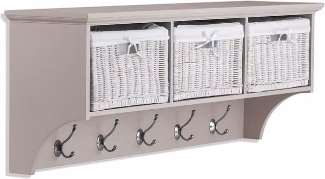 Tetbury Wall Mounted Coat Rack with 3 White Baskets in Truffle, W/D/H: 113 x 28 x 43 cm