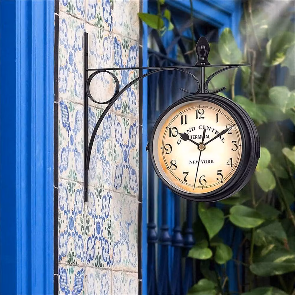 SPETLEK Retro Black Metal Double Sided Round Outdoor Garden Wall Clock with Bracket – 3