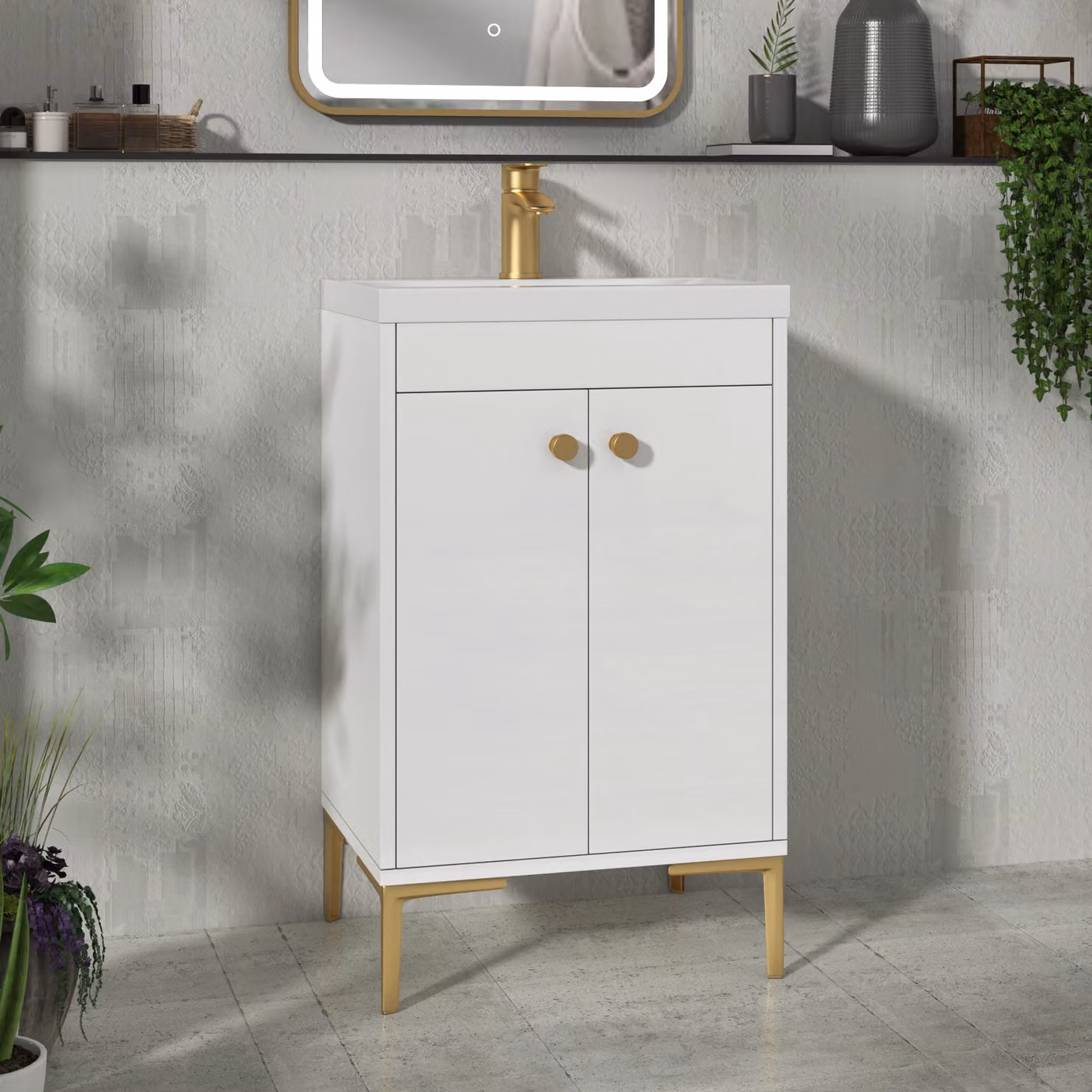 Royal Bathrooms Verona 500mm Gloss White Floor Standing 2 Door Vanity Unit with Mid-Edge Basin and Brushed Brass Knob
