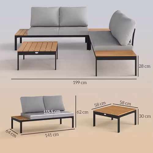 Outsunny 4 Piece L Shaped Garden Furniture Set with Upholstered Cushions, Brown Teak Finish, Right Facing 4 Seater Corner Sofa and Coffee Table – 7