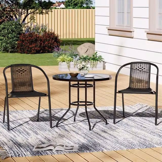 Livingandhome Black Modern Bistro Set with Round Toughened Glass Table and 2 Chairs