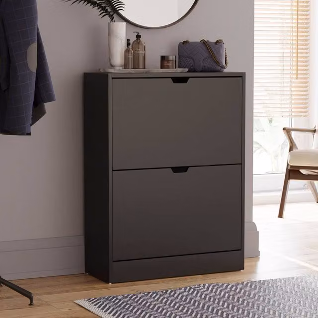 HD Designs Vida Designs Modern Black 2 Drawer Shoe Cabinet with Tilting Compartments