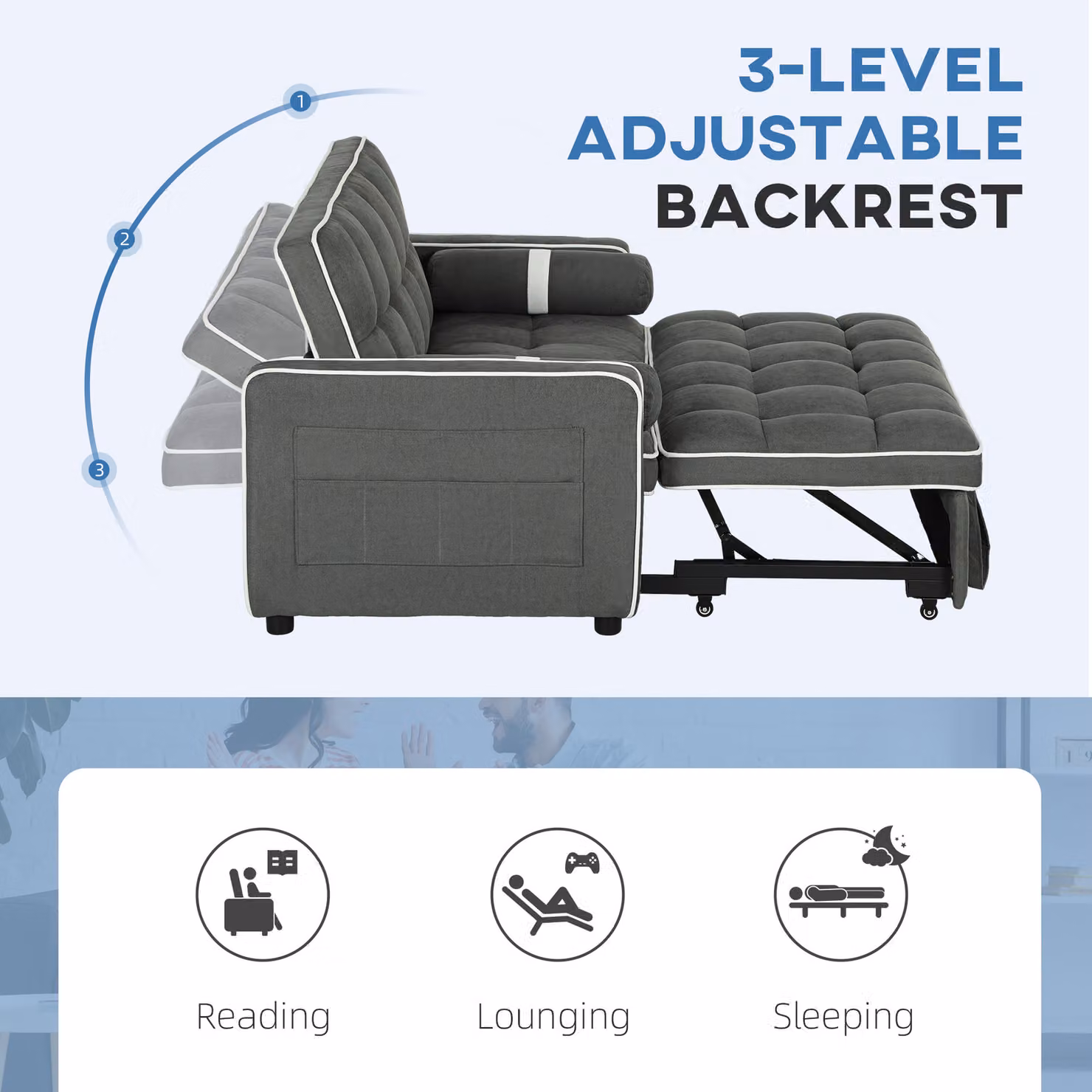 HOMCOM Two-Seater Linen-Look Sofa Bed in Charcoal Grey with Scatter Cushions – 5