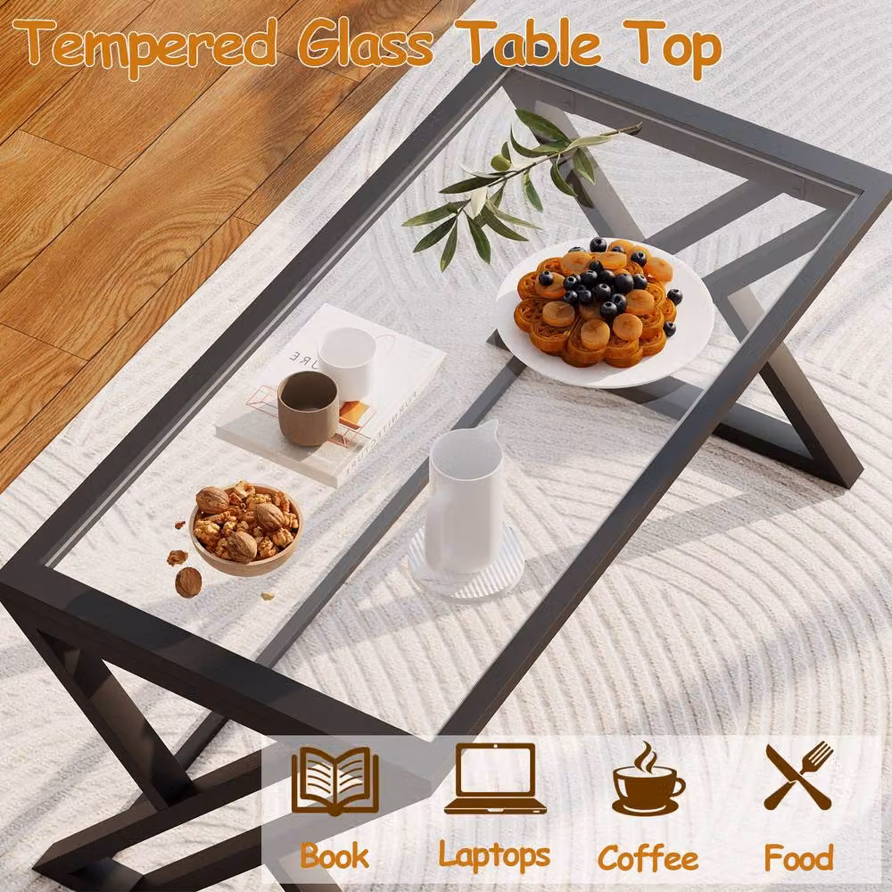 Huhote Rectangular Glass Coffee Table with Black Metal Frame in Clear and Black – 4