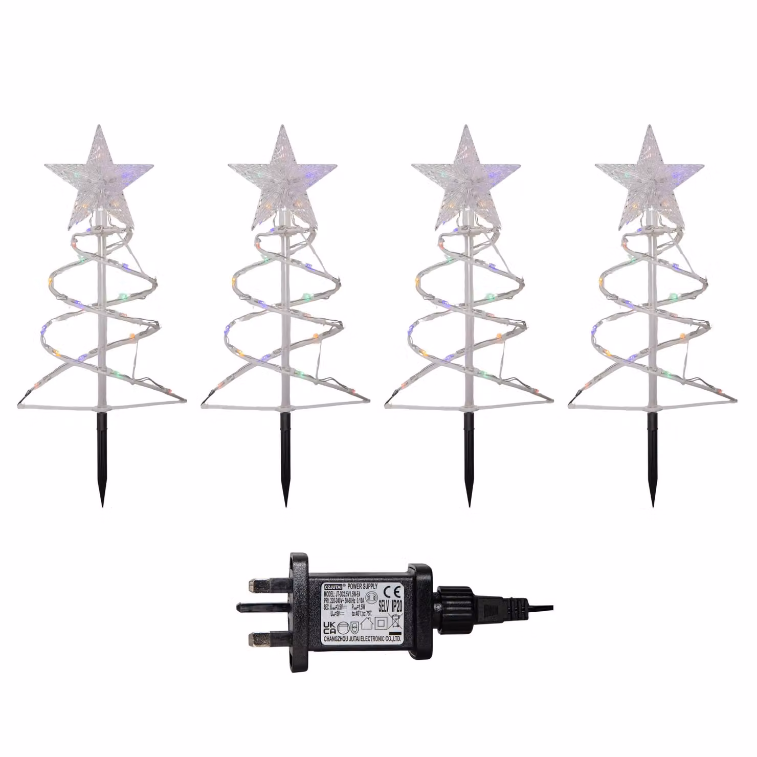 Samuel Alexander Set of 4 White Spiral Christmas Tree Garden Path Lights with 100 Multi-Colour LEDs, Height: 45 cm – 3