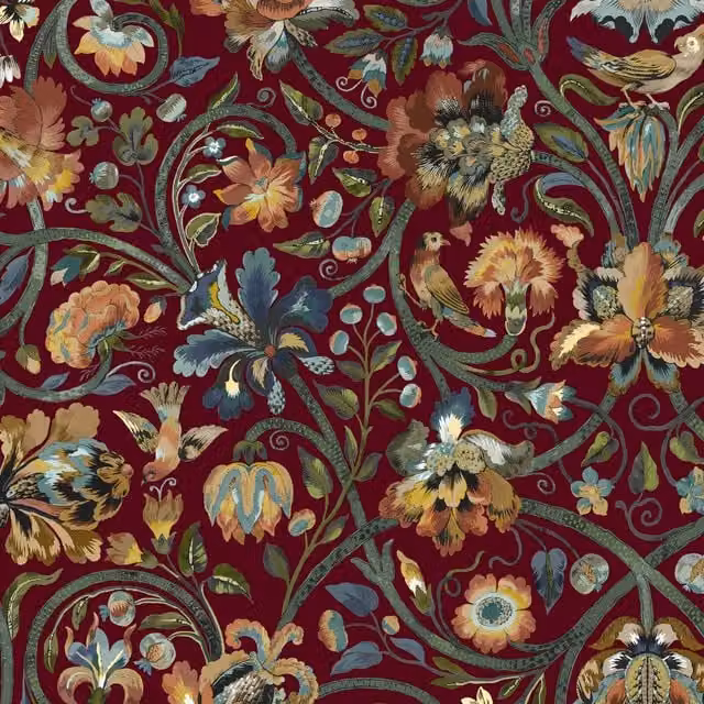 House of Hackney GAIA Wallpaper in Red with Art Nouveau Floral and Botanical Patterns