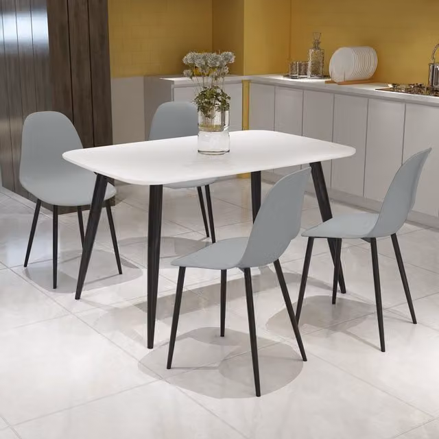 Core Products Ltd Aspen Rectangular White Dining Table and 4 Light Grey Curve Plastic Chairs Set, W: 120 cm, D: 80 cm, H: 75 cm