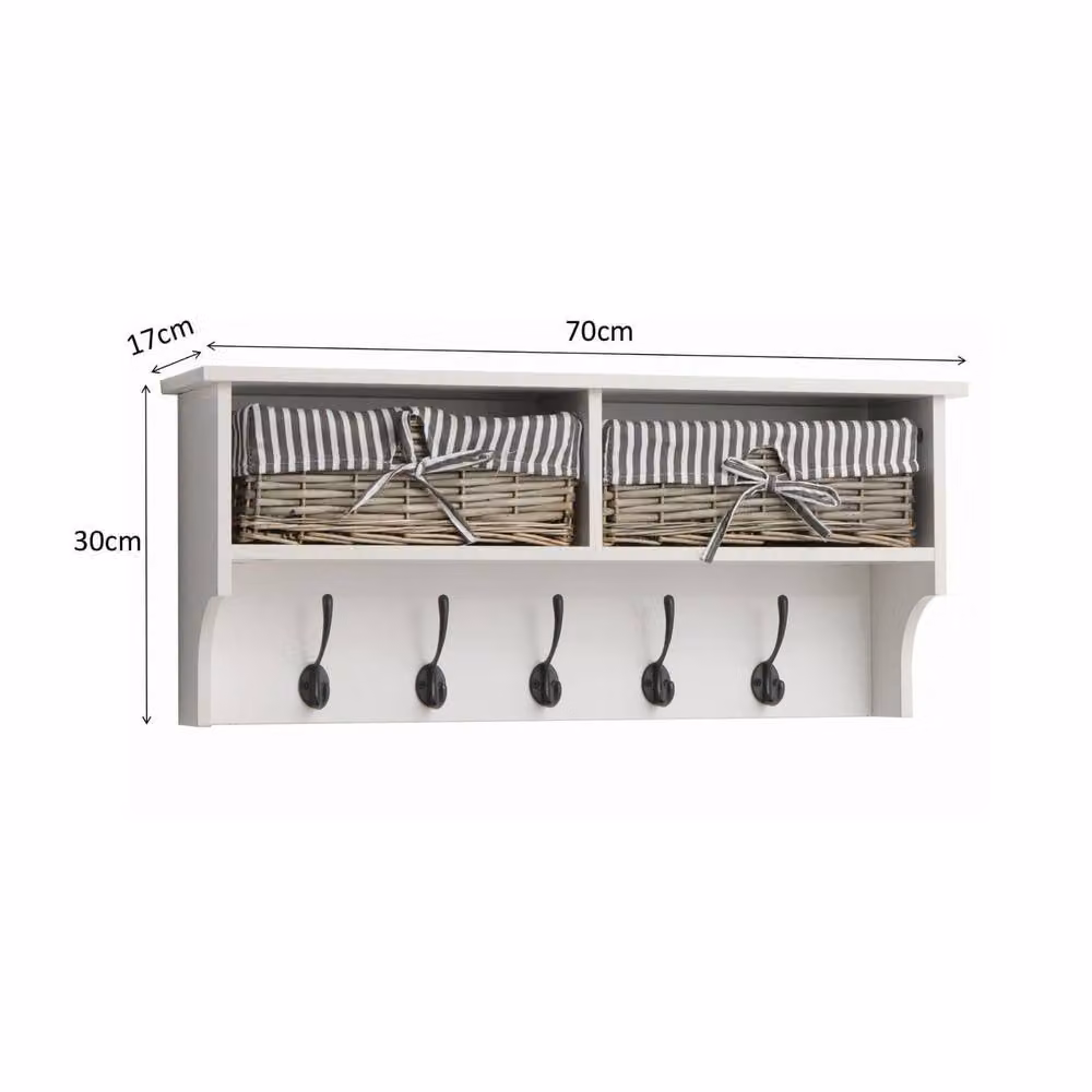 Home Source Radcliffe Wall Mounted Coat Rack with Wicker Baskets and Top Storage Shelf in White – 2