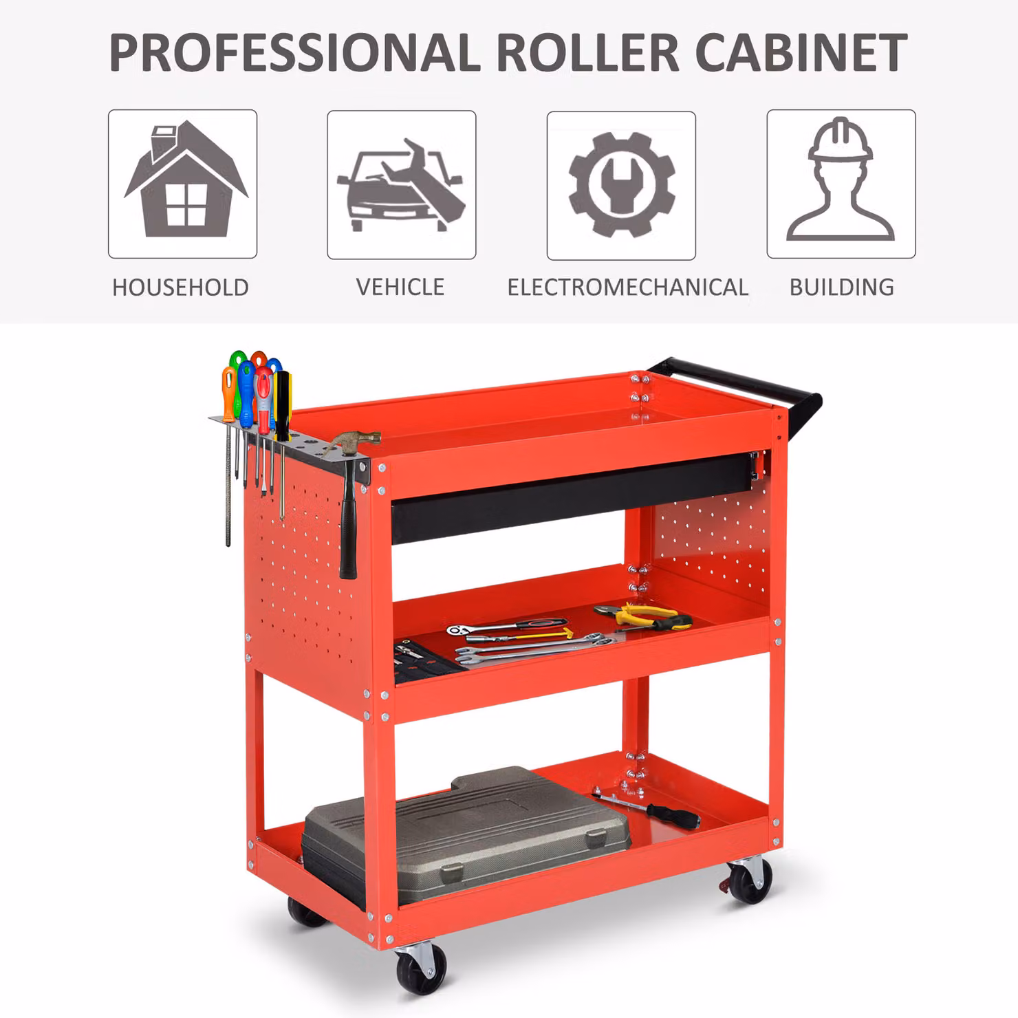 DURHAND 3-Tier Tool Trolley Storage Cart with Drawer, Red – 7