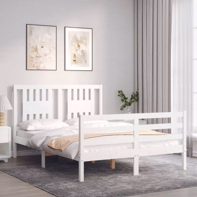 Berkfield Home Beautiful Bed Frame with Headboard in White Solid Pine Wood, W/D/H: 140 x 200 x 145.5 cm – 1