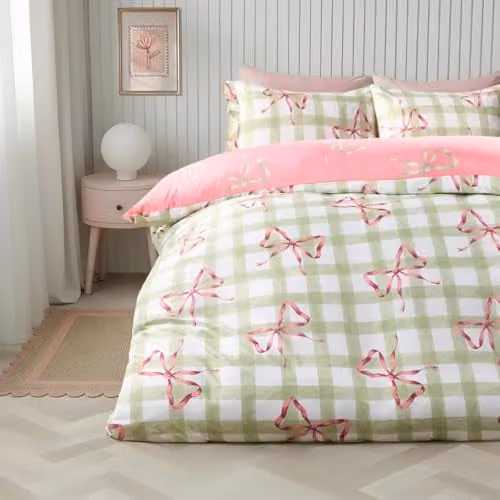 OHS King Size Reversible Gingham Microfibre Duvet Cover Set with Frill Edge Pillowcases in Green and Pink, W/D/H: 180 x 200 cm