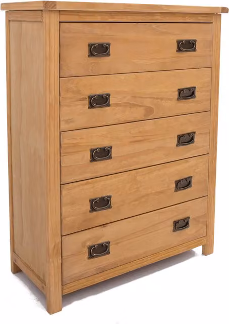Cabinet Bits Lugo 5 Drawer Chest of Drawers in Light Brown Pine with Gold Handles