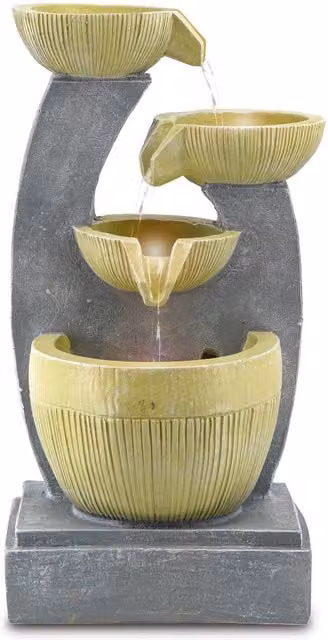 GEEZY Three Tier Cascade Garden Water Feature with LED Lights in Grey and Gold