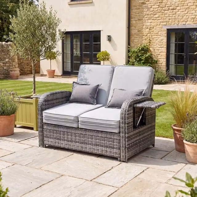 Artemis Home Whitmore Grey Polyrattan Reclining Outdoor Sofa Bed with Side Shelves