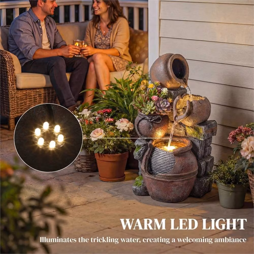 Nordara 4-Tier Brown Stone Cascade Outdoor Garden Water Fountain with LED Lights, W/D/H: 60 x 60 x 100 cm – 3