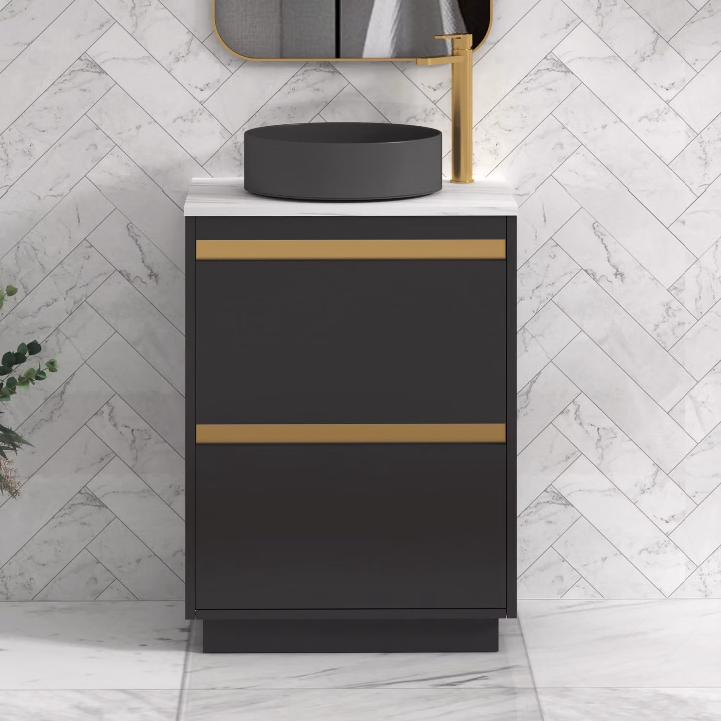 Royal Bathrooms Orion 800mm Matt Obsidian Black Floor Standing Countertop Vanity Unit with 2 Drawers, Art Round Basin and Brushed Brass Accent Trim