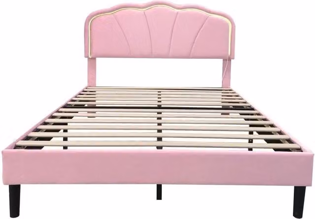 FORGEVIO Upholstered Cot Bed Frame in Pink with Adjustable Headboard