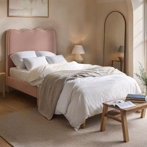 Flair Furnishings Ellis Single Velvet Bed Frame with Cloud Headboard, Pink, W/D/H: 90 x 190 x 110 cm