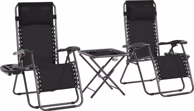 Yaheetech 3-Piece Black Zero Gravity Garden Chair and Table Set with Armrests and Cup Holders