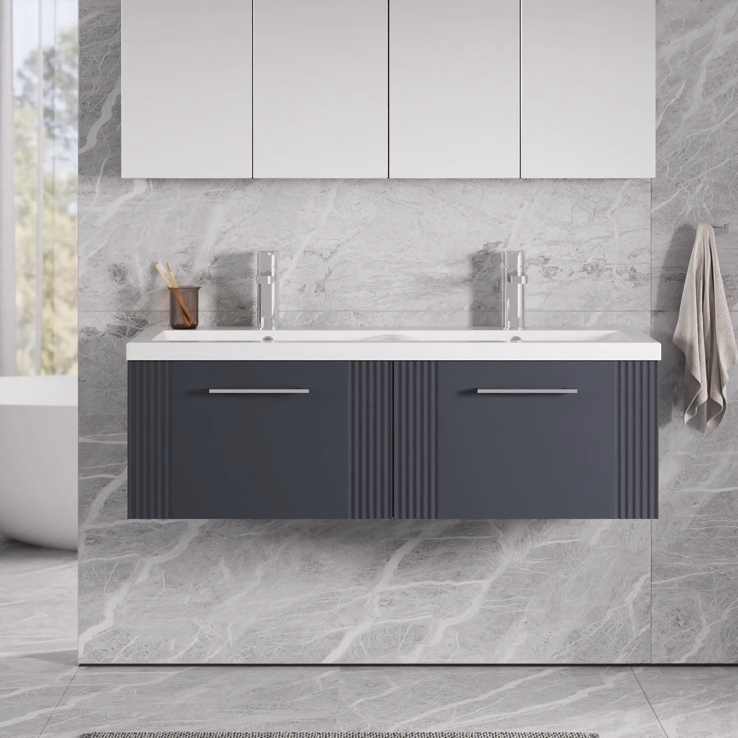 Balterley Wall Hung 2 Drawer Vanity Unit with 2 Ceramic Basins, Satin Dark Grey, W: 120 cm – 2