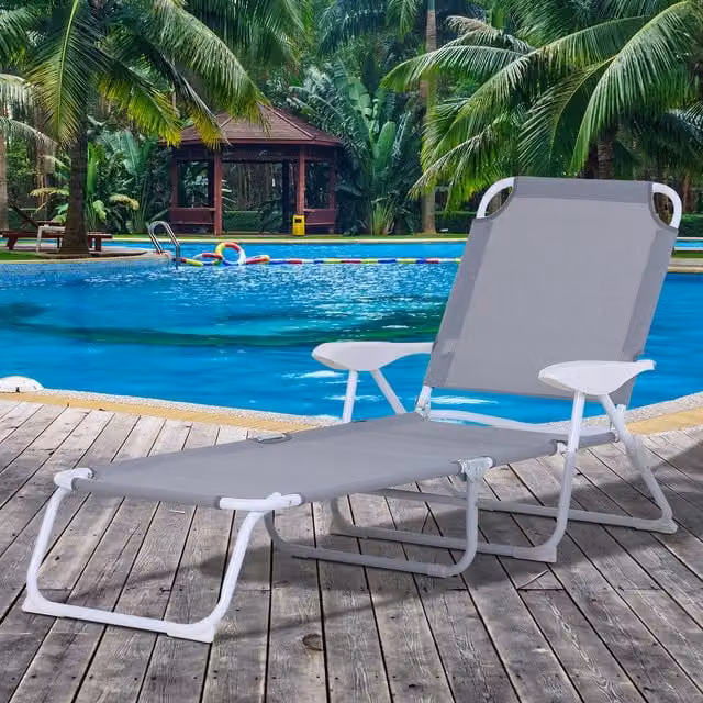 Outsunny Modern Reclining Lounge Chair with Armrests in Grey Textilene